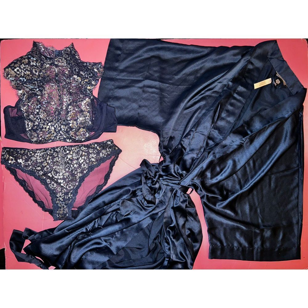 Victoria's Secret High-Neck 34d,34dd,36d Bra Set L+Robe Navy Blue Silver Foil